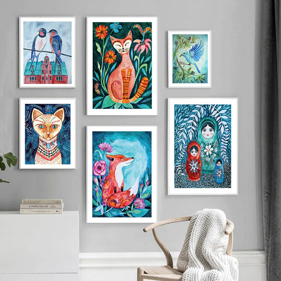 

Fox Cat Swallow Magpie Bird Leaf Flower Wall Art Canvas Painting Nordic Posters And Prints Wall Pictures For Living Room Decor
