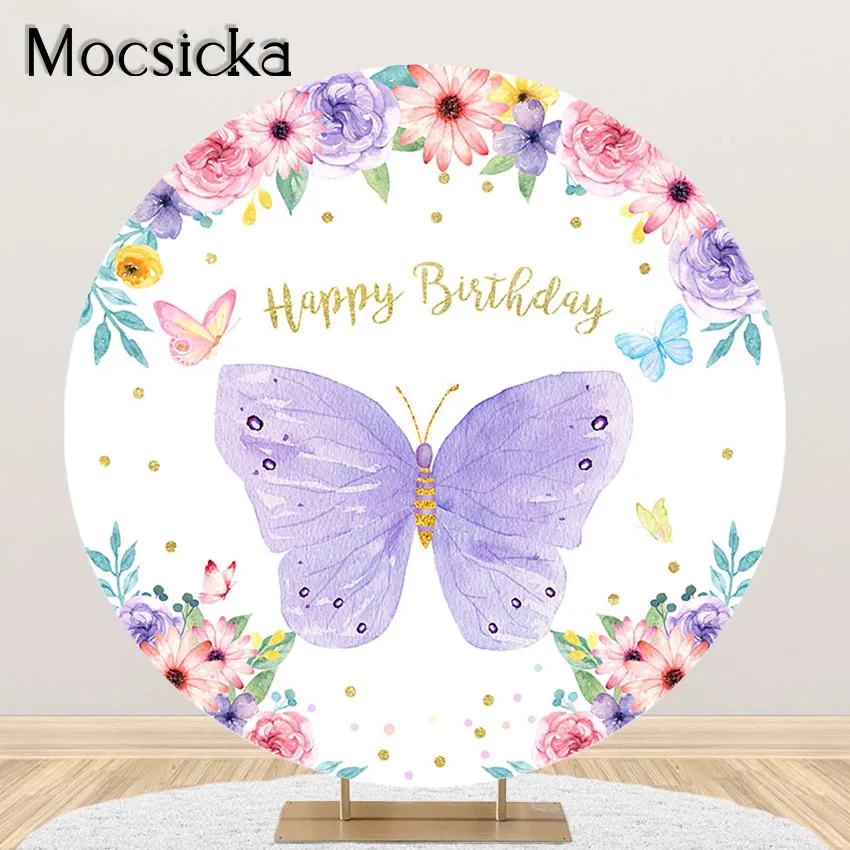 

Mocsicka Butterfly Birthday Party Decoration Background Spring Butterflies Garden Tea Party Round Circle Cover Elastic Backgroud