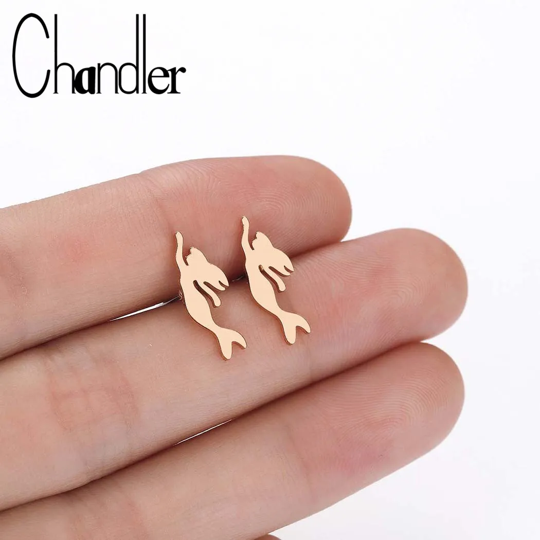 Серьги гвоздики Chandler из нержавеющей стали маленькие с рисунком морской русалки