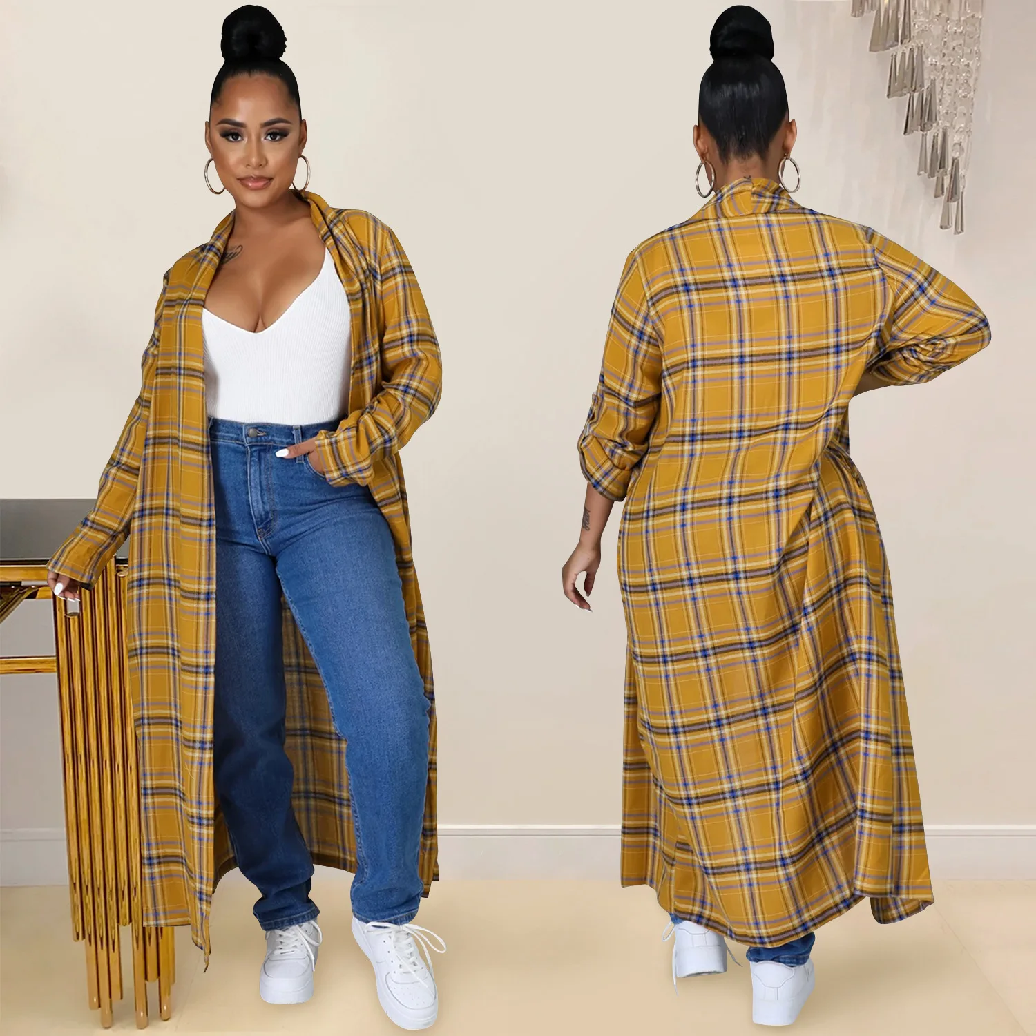

Women's Casual Long Sleeve Outerwear Plaid Button Oversized Shirt Jackets Coat Autumn Chemise Coat Women