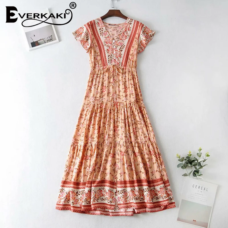 

Everkaki Floral Print Maxi Dresses Women Ladies Boho Summer Vestidos Beach Oversized Split Cottagecore Long Dress Female 2021