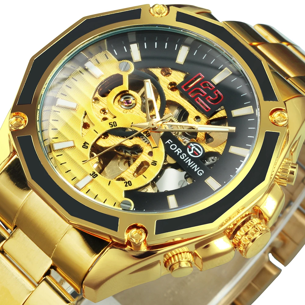 

FORSINING Military Automatic Watch Men Fashion Steampunk Skeleton Mechanical Watches Mens Gold Stainless Steel Strap Wristwatch