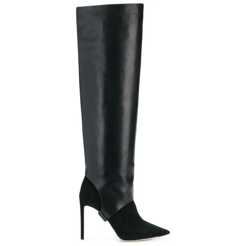 US4-12 женские ботфорты с острым носком обувь из натуральной кожи на высоком