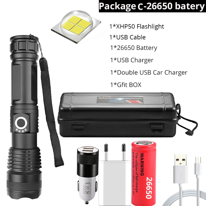 Package C-XHP50 XHP90 XHP70.2 супер мощный светодиодный светильник-вспышка с usb зумом тактический фонарь xhp50 18650 или 26650 перезаряжаемый аккумулятор ручной светильник - Испускаемый цвет: Package C-XHP50