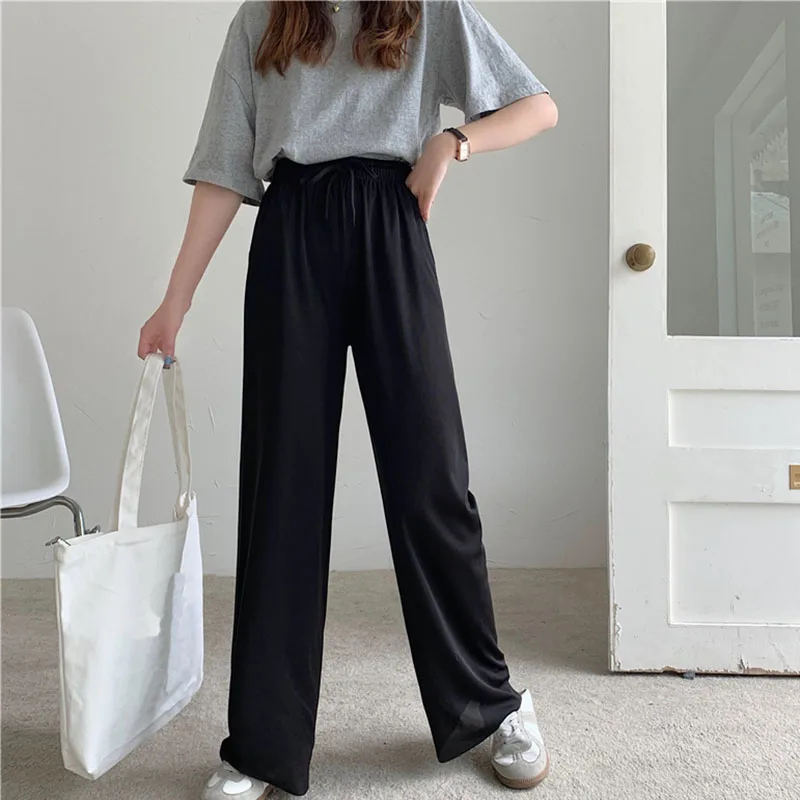 Womens Summer New Pant Wide Leg Elastic High Waist Slim Thin Loose Full Length Trousers Female Pleated Solid Basic Casual Pants
