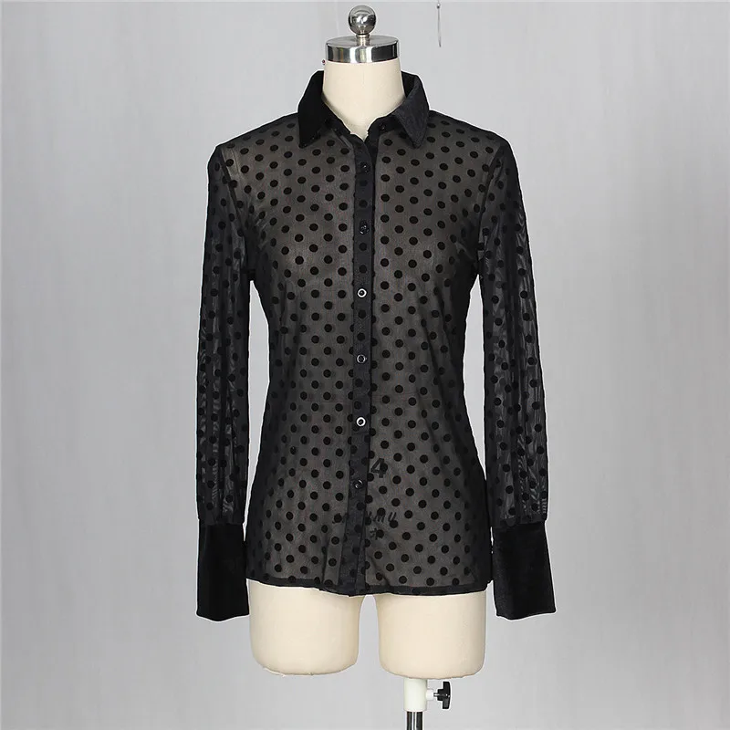 Sexy Polka Dot Blouses for Women Autumn Turn-down Collar Long Sleeve Tops Sheer Black Office Work Blouse Shirt Night Out Blouse