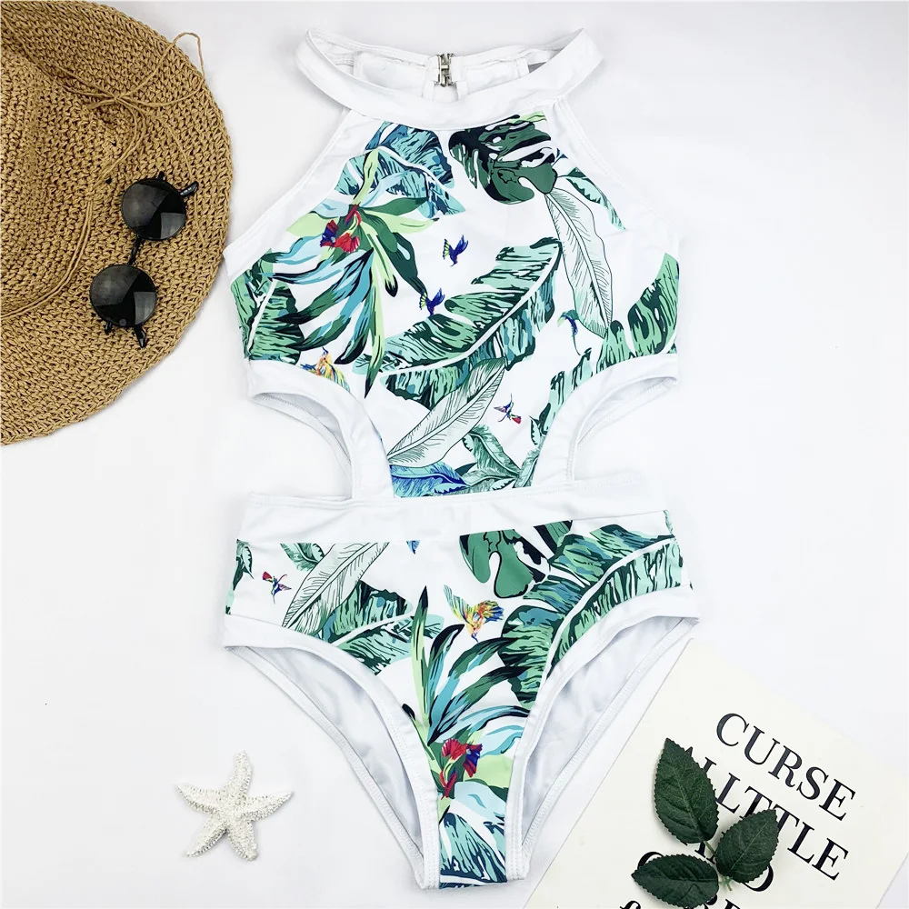 Женский купальный костюм на молнии с принтом листьев Монокини пуш-ап высокой