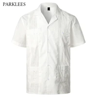 embroidery floral patchwork shirts for men casual multi pocket mens short sleeve shirt cuban camp guayabera ethnic men clothing