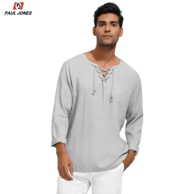 PAUL JONES Мужская рубашка на шнуровке с воротником из вискозы и льна Повседневная