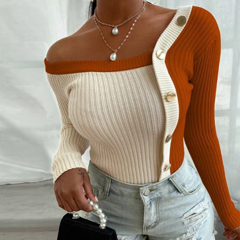 

Crew Neck Knit Pullover Nightclub Party Clothing Women Sexy Multicolor Striped Sweater Slim Fit Stitching Button Long Sleeve
