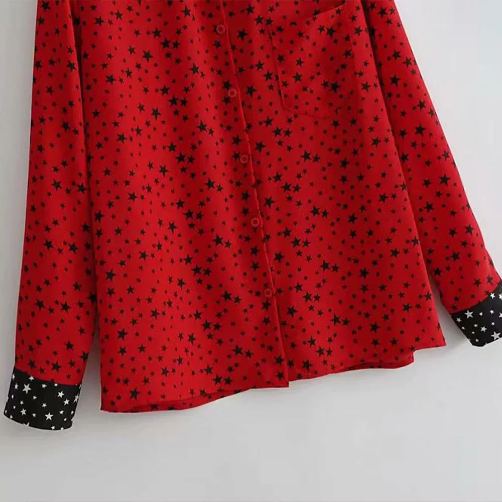 

2021spring new wild lapel single-breasted women's bottoming long-sleeved shirt chiffon pocket shirt five-pointed star inch shirt