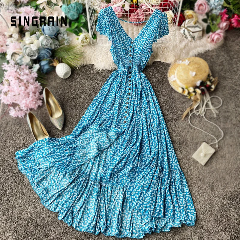 

SINGRAIN Women Summer Floral Maxi Dress Bohemian Irregular Ruched Backless Ruffle Dress Vintage Long Cotton Print Beach Sundress