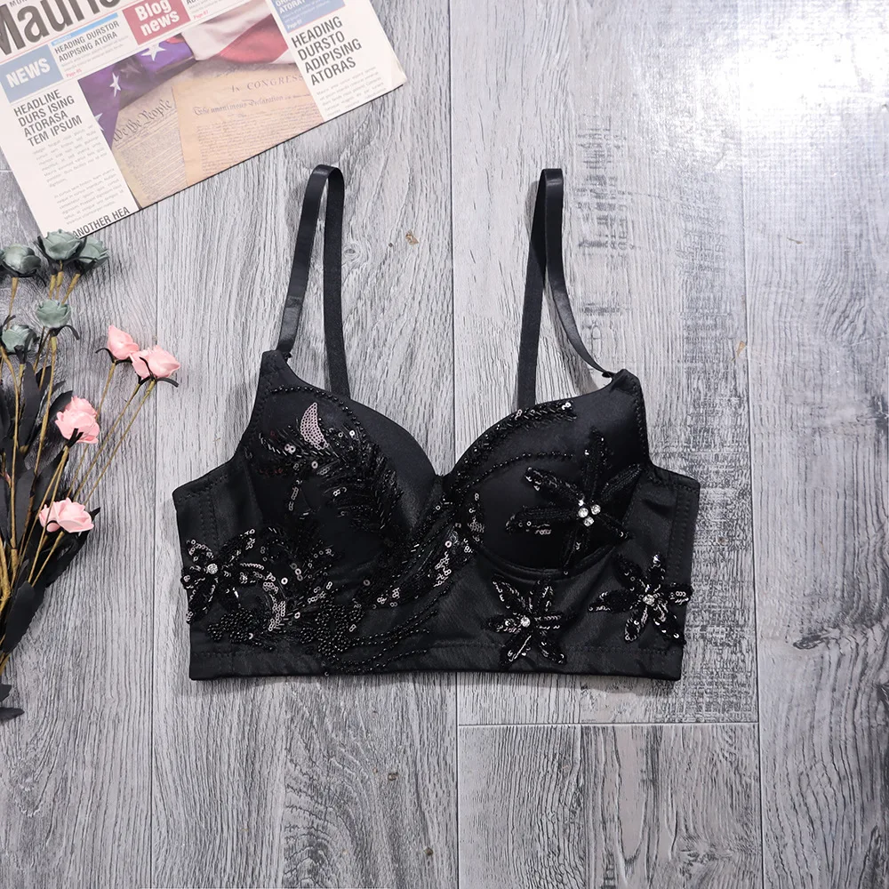 C770 Women New Fashion Sexy Nightclub Bungee Diamond-studded Beaded Chest Pad Camisole Sleeveless Short Bustier Corset Crop Tops | Женская