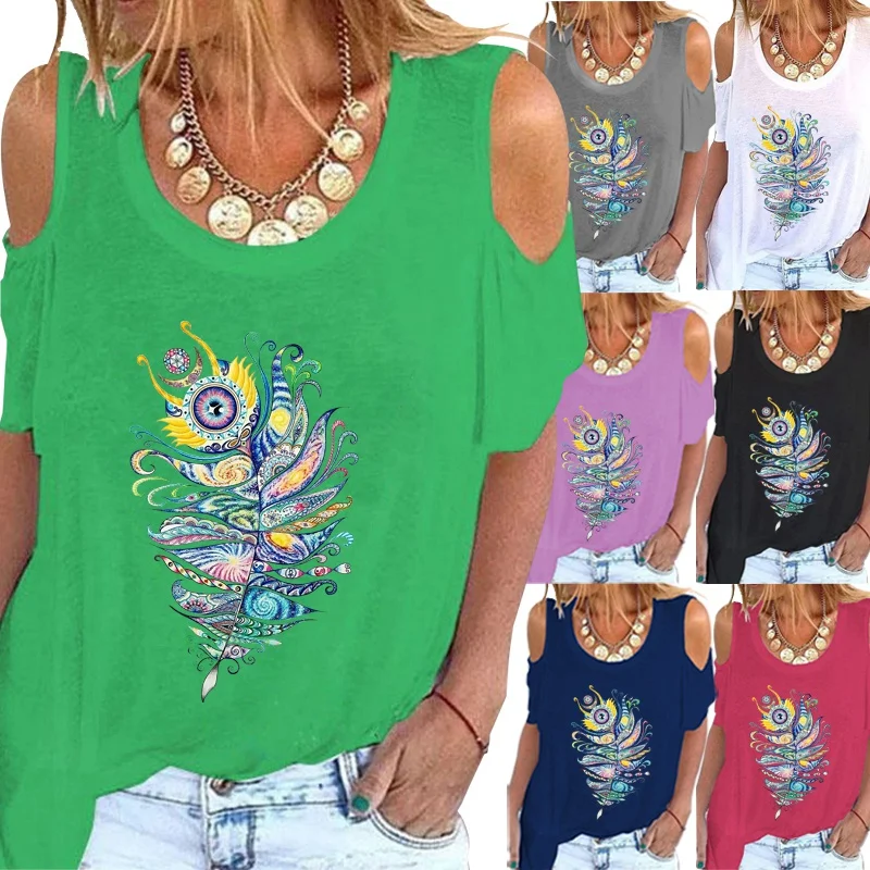 

Summer Women's Fashion Short Sleeve Off Shoulder T-shirt Casual Graphic Shirt Loose Feather Printed Blouse Tops Plus Size