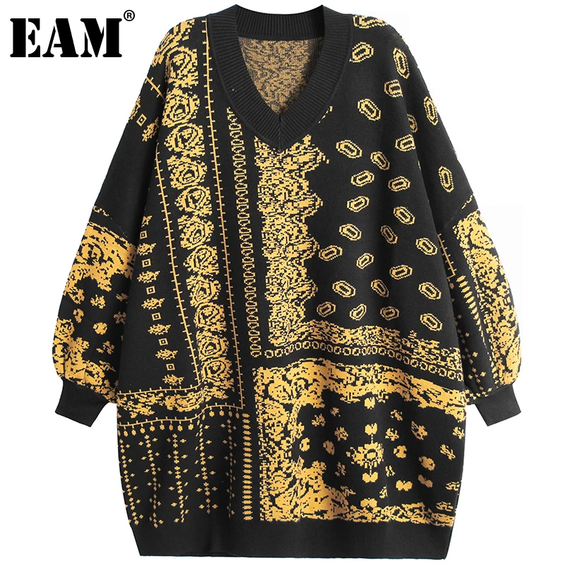 

[EAM] большой размер, вязаный свитер, свободный крой, v-образный вырез, длинный рукав, женские пуловеры, новая мода осень-зима 2021 1DE4502