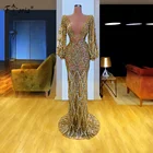Роскошные золотые вечерние платья с бусинами, прозрачные платья для выпускного вечера, женское официальное платье Дубая