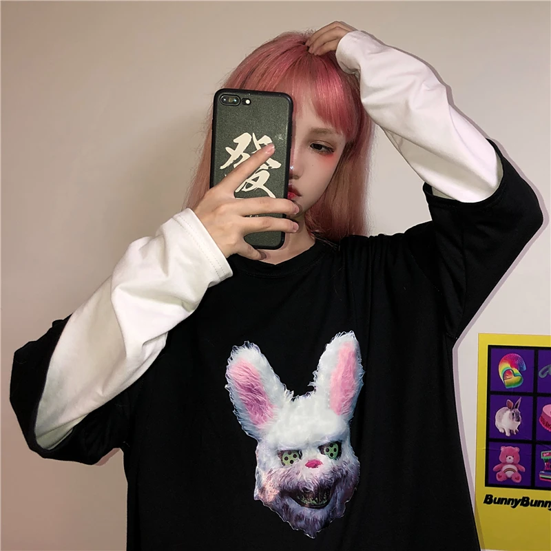 Lychee Harajuku, о-образный вырез, Лоскутная женская футболка, длинный рукав, Поддельные 2 штуки, осенние женские футболки, принт с темным Кроликом, женская футболка