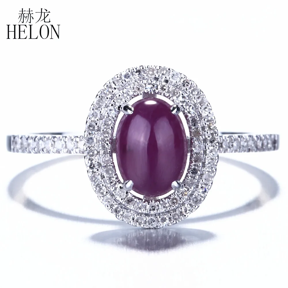 

HELON Solid 10K White Gold Flawless Oval 7x5mm Gemstone Genuine Ruby Anniversary Ring Natural Diamonds Trendy Fine Jewelry Ring