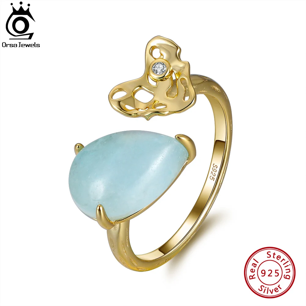 

ORSA JEWELS 100% Genuine Natural Pear Shape Aquamarine 925 Sterling Silver Adjustable Ring with Hammered Handmade Heart GMR04