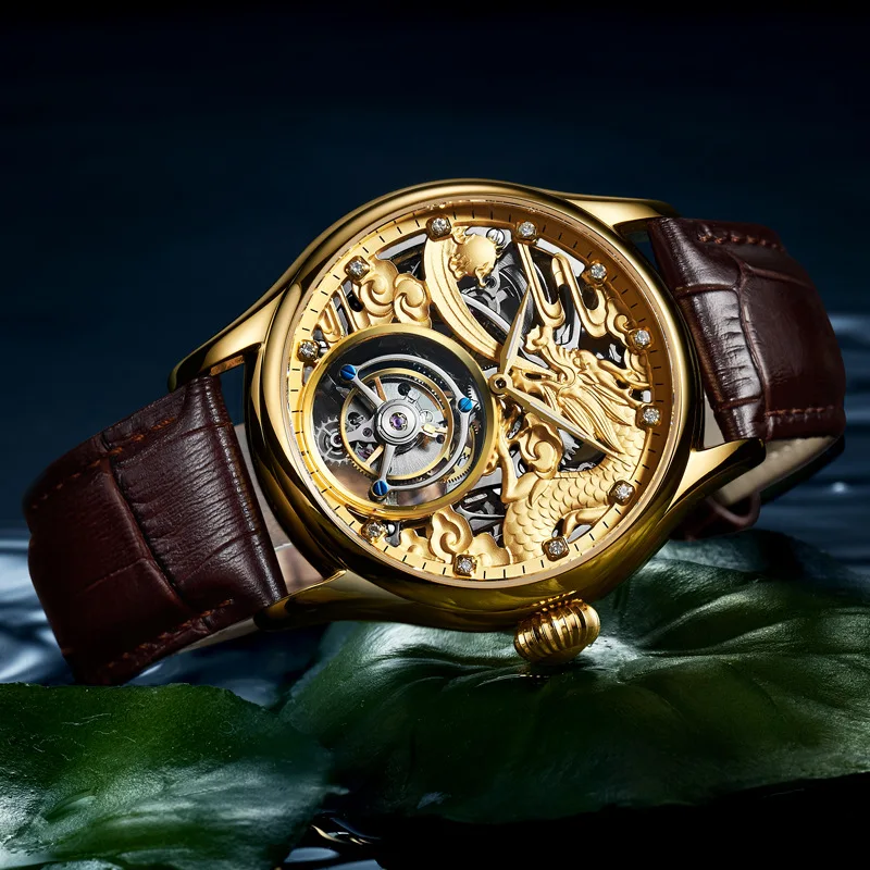 Новый 2020 100% механический турбийон мужские часы полые тиснением Дракон Мужские