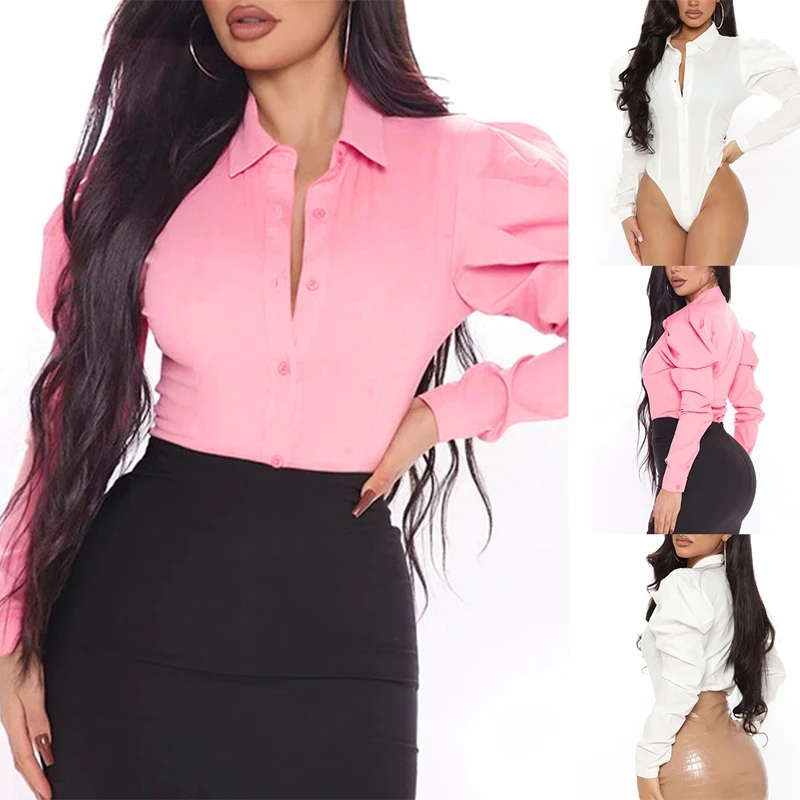 

Sexy Women Puff Sleeve Lapel Bodysuit Slim Solid Color Fashion Bodysuit