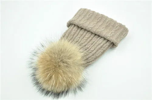Brown natural fur Вязаная Шерстяная Шапка из натурального меха енота, шапка с помпоном для женщин и девочек, новинка, осенняя, весенняя, зимняя женская меховая шапка - Цвет: Brown natural fur