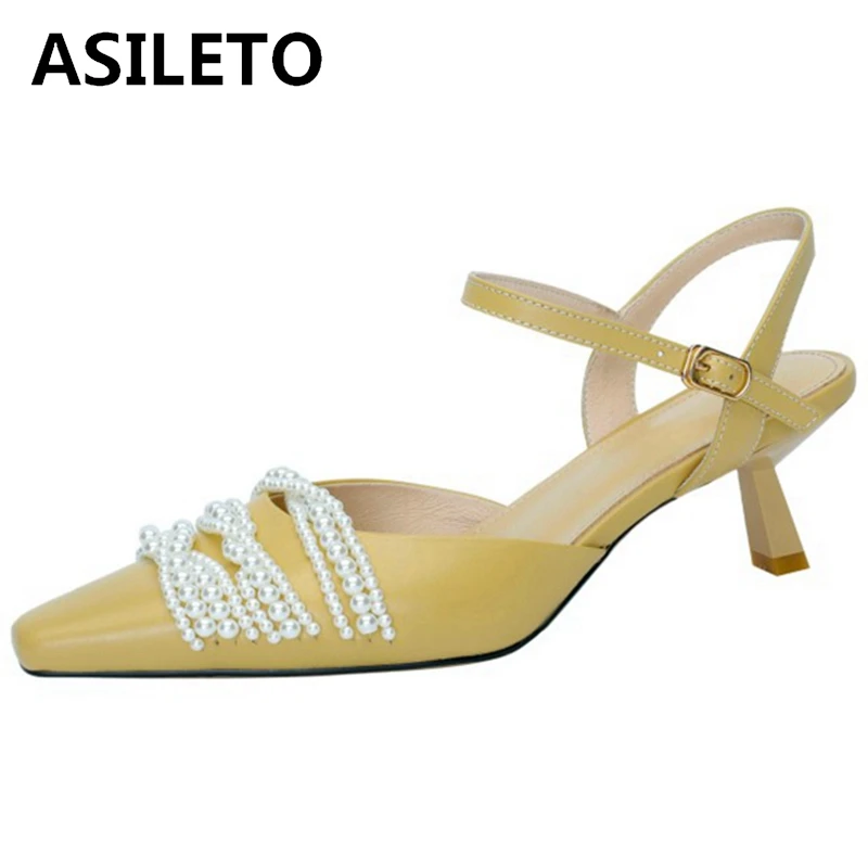 

ASILETO 2021 в стиле ретро туфли-лодочки Бисер острый носок передний и задний ремешок с петлей на пятке 5,5 см на необычном каблуке размеры 33–42 цве...