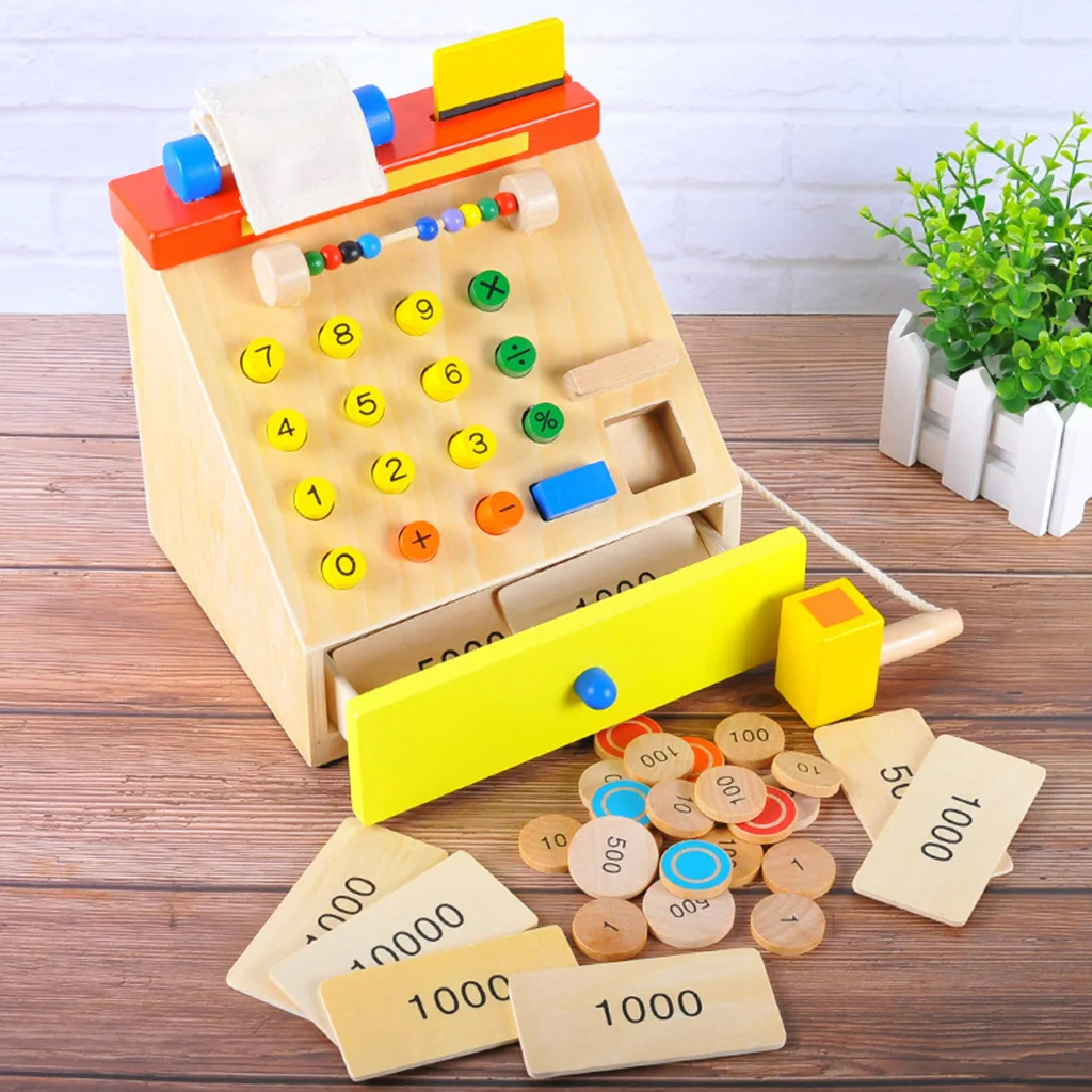 

Wooden Cash Register Toy with Play Credit Card Pretend Set Grocery Shopping Pretend Play Developmental Games