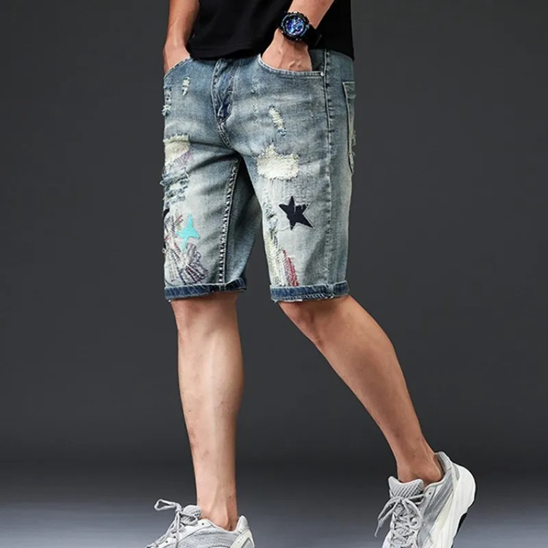 

Summer Mens Fashion Hole Ripped Washed Beggar Short Jeans Man Embroidery Knee Length Casual Denim Shorts Streetwear Trousers 38