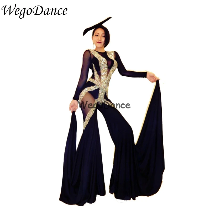 Сексуальный женский праздничный костюм певицы с кристаллами комбинезон