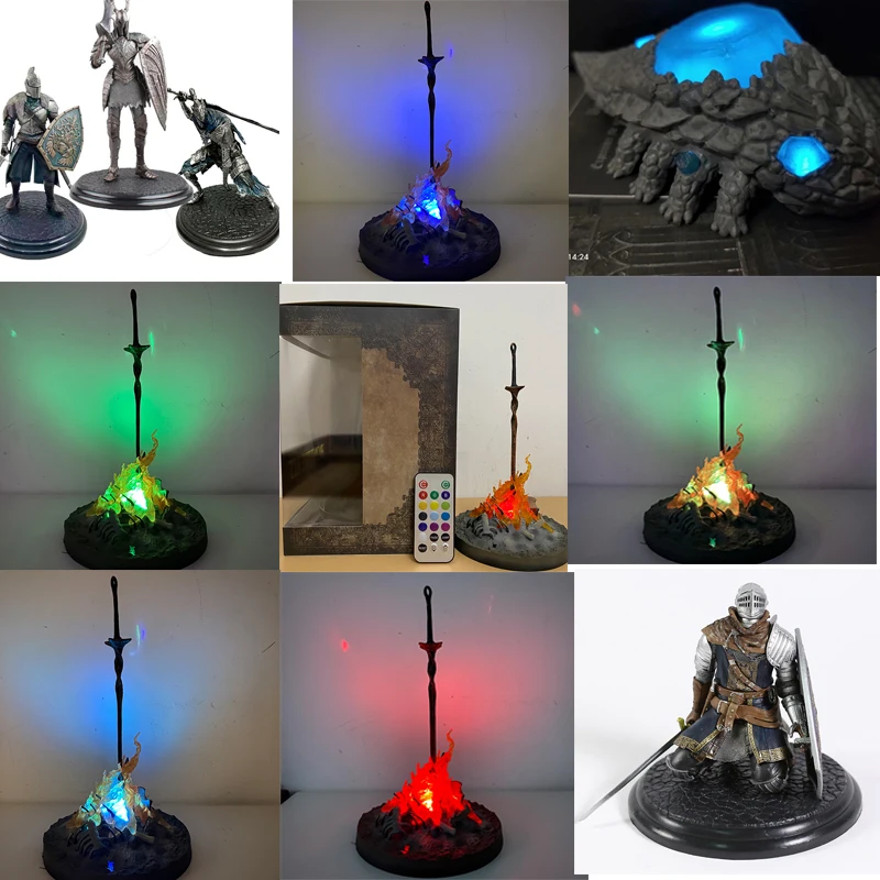 

Gecco Dark Souls Black Faraam Knight Figure Sculpt Artorias The Abysswalker Action Figure Crystal Lizard Bonfire LIT Light-up