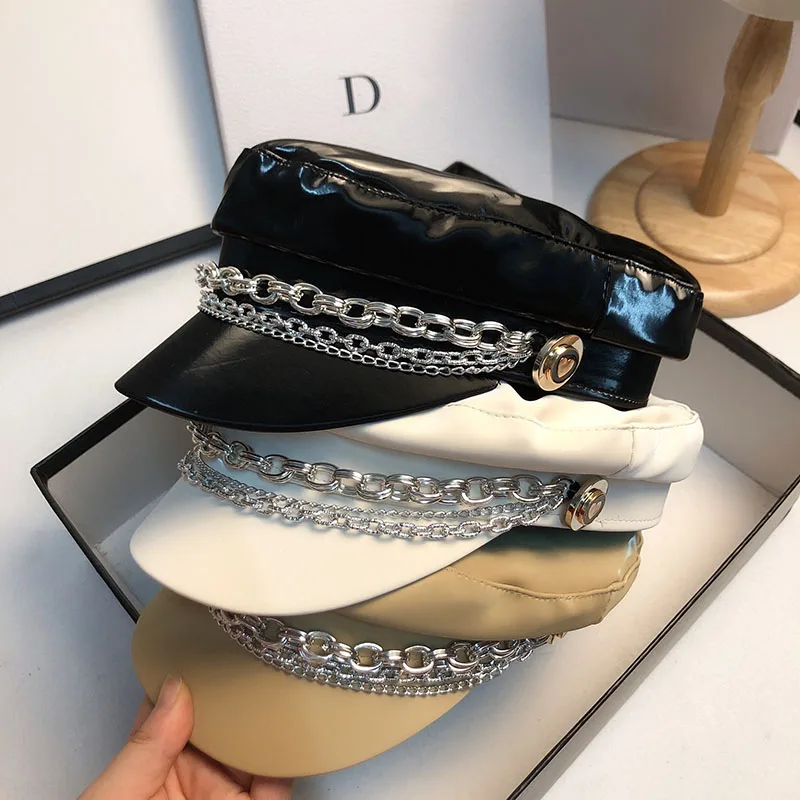 

Fibonacci Hats For Women Fashion Bright Leather Military Hat Internet Celebrity Beret Casual Flat Top Cap Winter Student Hat