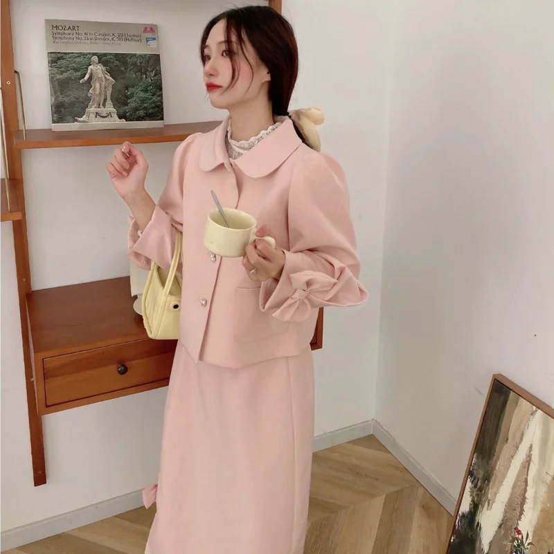 

Women Sweet Bow Designer Skirt Suits Female Temperament Korean Fashion Split Skirts Set 2022 Spring Pink Elegant Two Pieces Set