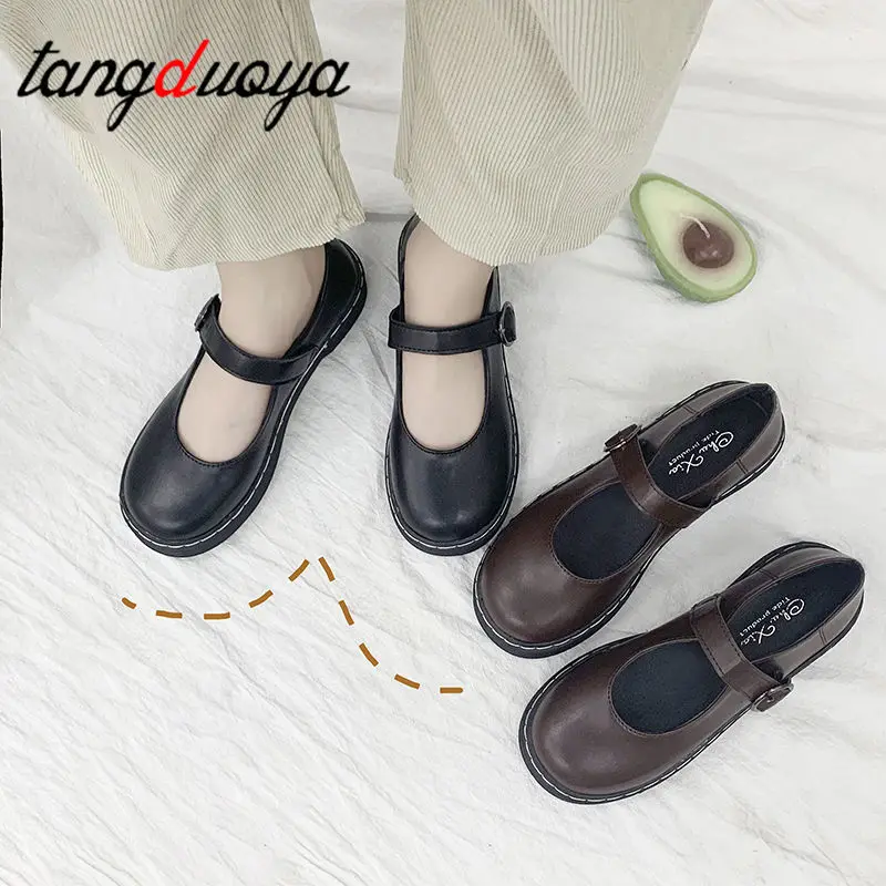 Лолита обувь на платформе японские туфли Для женщин круглый носок Пряжка ловушка