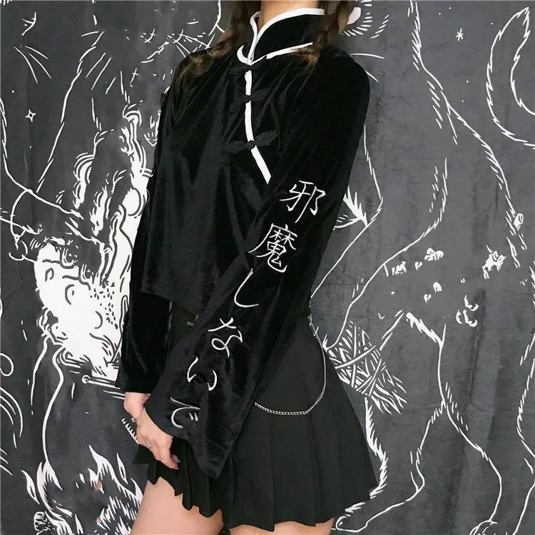 Harajuku Винтаж Collared бархатная блузка женская готическая уличная одежда с длинным рукавом женские кроп Топы японский панк 90'S девушка черная рубашка