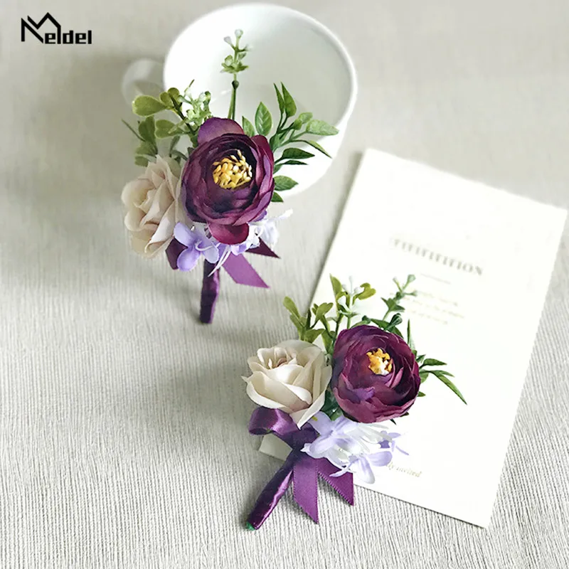 

Meldel Silk Flowers Purple Bracelet Bridesmaid Artificial Flower Corsage Wedding Boutonniere Marriage Prom Party Brooch Corsages