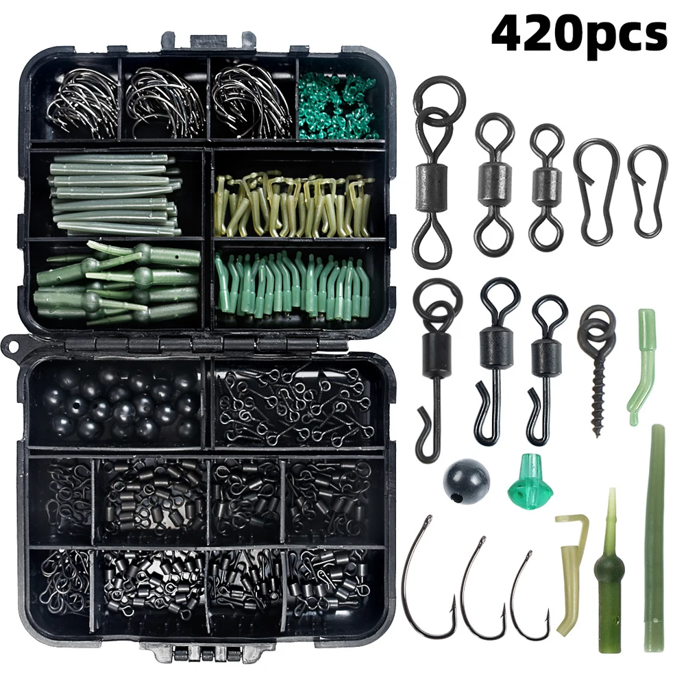 420 Pcs/Box Carp Fishing Tackle Kit Including Swivels Hooks Anti Tangle Sleeves Hook Stop Beads Boilie Bait Screw Accessories