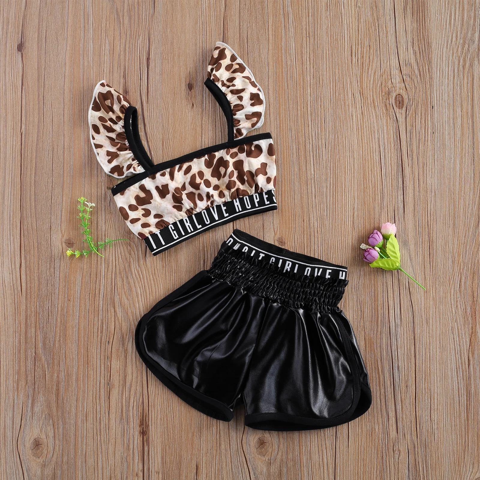 

0-5Y Fashion Summer Kids Girls Clothes Sets Letter Leopard Print Ruffles Short Sleeve Tops PU Leather Shorts