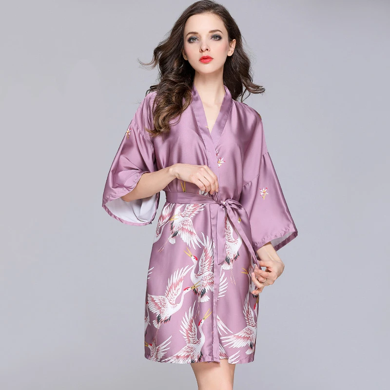 short robe 8 Большие размеры 3XL свадебное платье подружки невесты женские атласные шарфы кимоно банное платье сексуальное длинное платье с цветочным принтом - Цвет: short robe 8