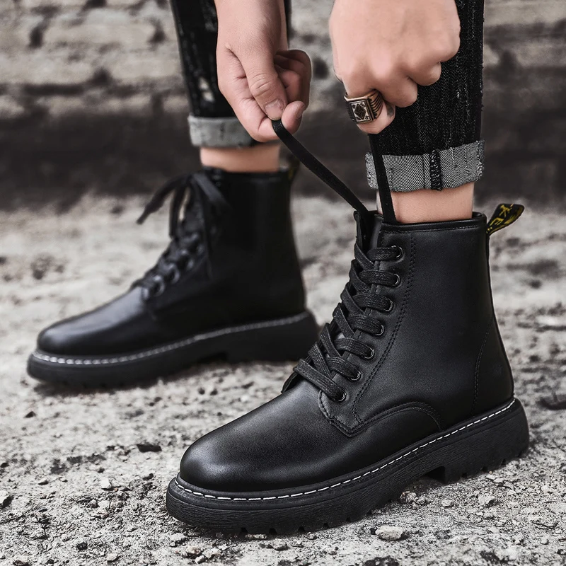 Boots Men Boots Leather Ankle Lace up military boots caterpillar Black Outdoor work fashion shoes