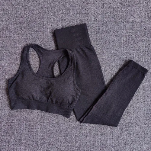 Black 2 pcs set 2 шт., женские спортивный костюм, бесшовный комплект для йоги, спортивный комплект, высокая талия, леггинсы для бега, спортивные топы для фитнеса, одежда, спортивная одежда - Color: Black 2 pcs set