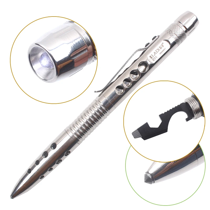 Stainless Steel Self Defense Tactical Pen Flashlight Heavy Tactical EDC Tool Outdoor Camp Emergency Safety Gift Box