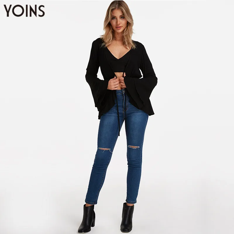 YONIS 2019 весна осень зима женские свитера черные с завязками