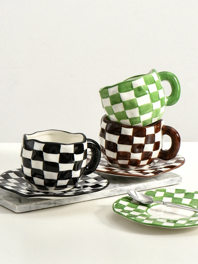 

Minimalist Style Handmade Checkerboard Shaped Ceramic Coffee Cup Dish Lattice Pattern Afternoon Tea Cup Water Cup Milk Cup