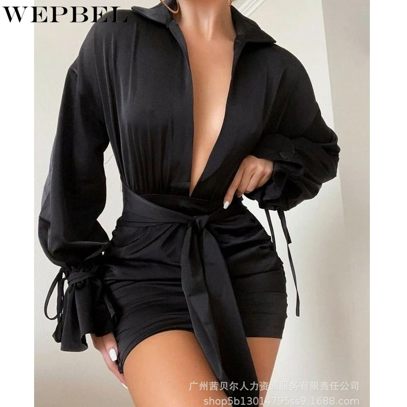 

WEPBEL Dress Women's Casual Solid Color Slim Fit Pleated Dress Autumn Sexy Lantern Sleeve Turn-down Collar Bandage Dress