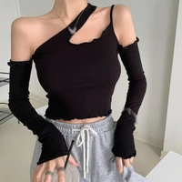 korean women t shirt fashion asymmetrical long sleeve t shirts sexy navel exposed short t shirt