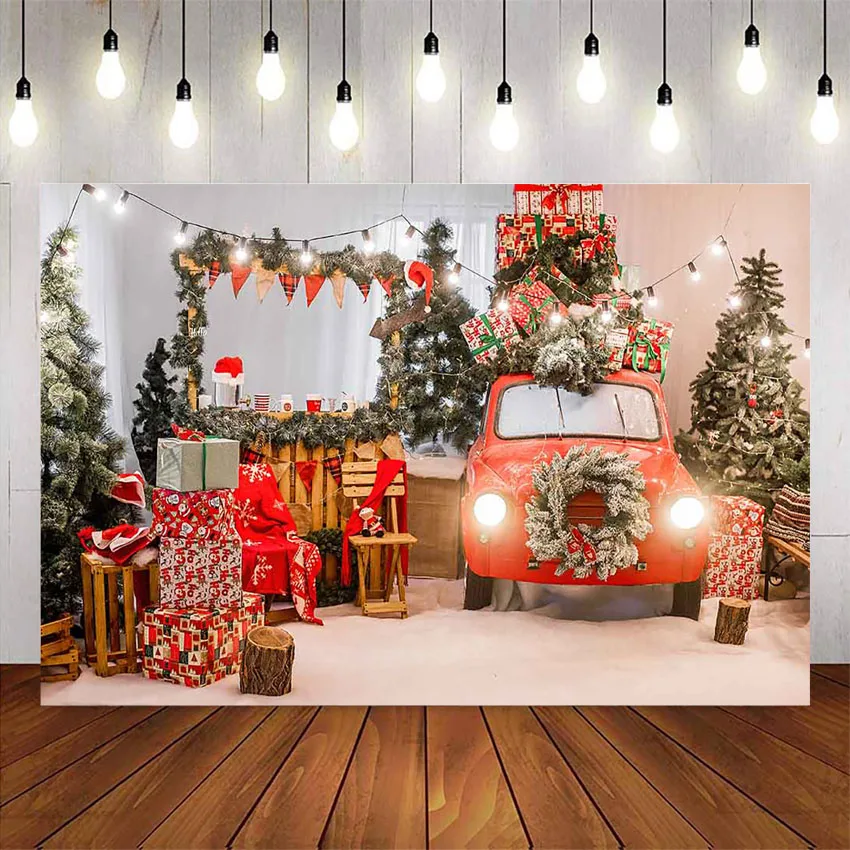 

Photography background red car christmas decoration sock gifts photo booth background chrsitmas tree background for photo studio