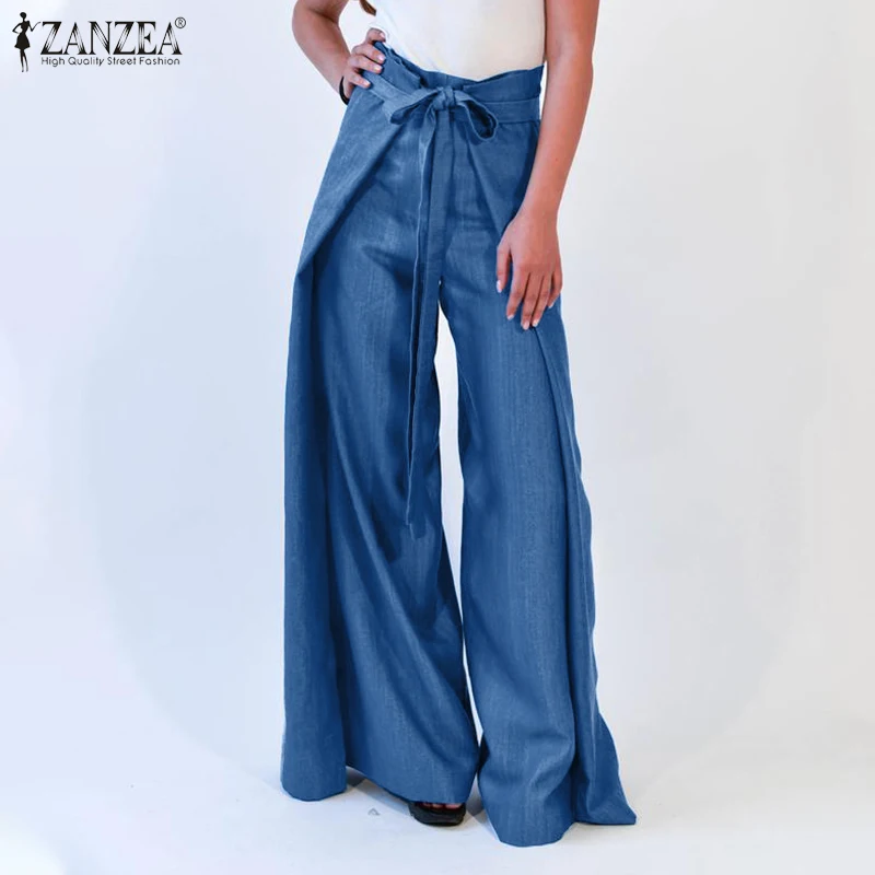 

Женские Элегантные брюки с завышенной талией ZANZEA, джинсовые синие длинные брюки 2021, летние однотонные широкие брюки, женские повседневные с...