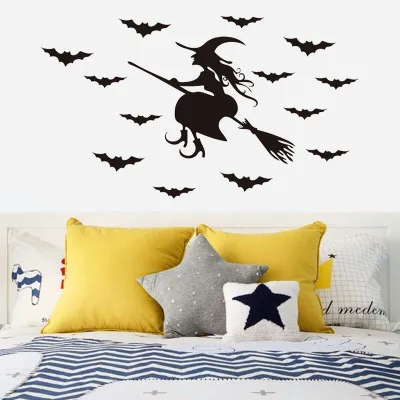 

Halloween Witch Broom Bat Wall Stickers Kids Room Background Decoration Shop Window Pictures Posters And Prints Mural Wall Art