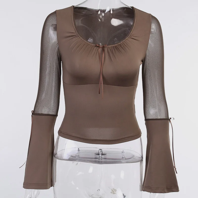 

Flare Long Sleeve T Shirt Women Summer 2021 Fashion Mesh Patchwork Top Brown Slim Waist Cropped Tshirt Y2k Ladies Casual Clothes